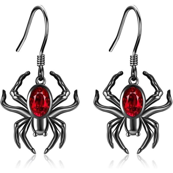 Women Sliver & Red Spider Sterling Gothic Halloween Dangle Earrings Jewelry - Picture 1 of 6